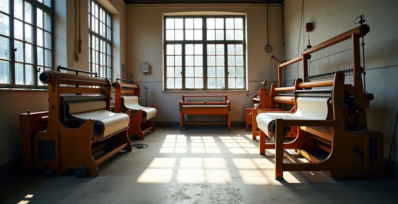 Vue d'ensemble d'un atelier de tricotage français traditionnel avec métiers à tricoter