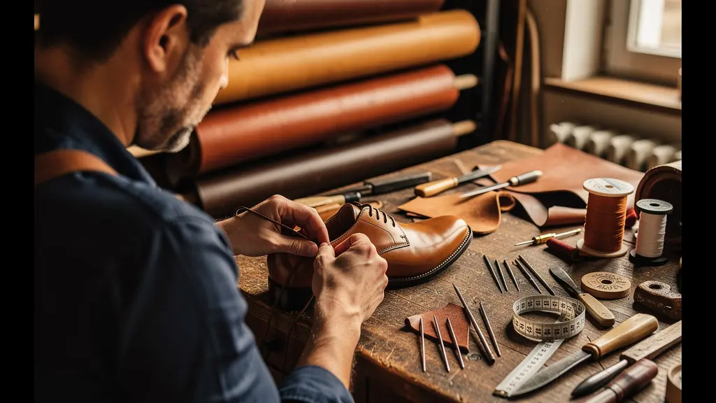 Artisan chausseur français travaillant le cuir dans un atelier traditionnel