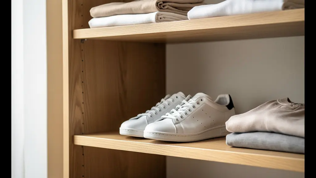 Étagère de dressing minimaliste avec baskets blanches et matières naturelles